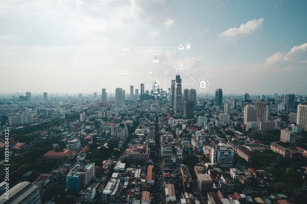 Obraz premium Network of wireless communication and smart cities, IoT (Internet of Things)