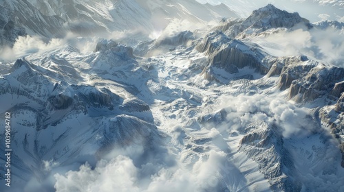 Spring avalanche fans caused by heat and snowdrift on the ridges at high altitude location italian french Alps photo