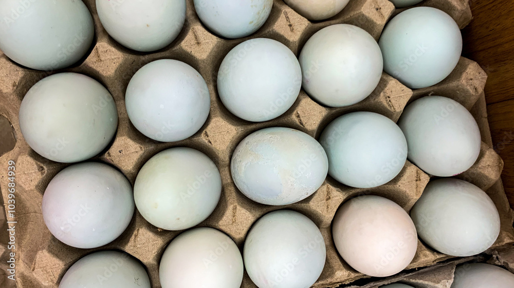 A tray of pastel-colored duck eggs symbolizes traditional Asian cuisine and sustainable farming practices during the Lunar New Year A tray of pastel-colored duck eggs symbolizes traditional Asian cuisine and sustainable farming practices during the Lunar New Year
