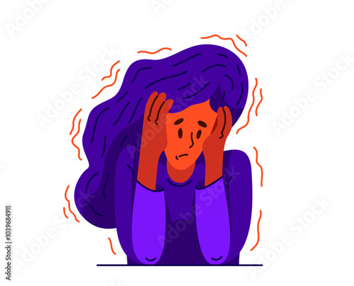 Young woman feeling stressed and uncomfortable, vector illustration of a person having mental disorder panic and anxiety, psychological problems.