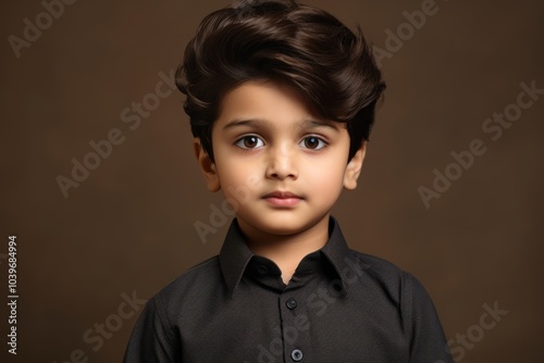 Portrait of a cute little boy in black shirt on brown background