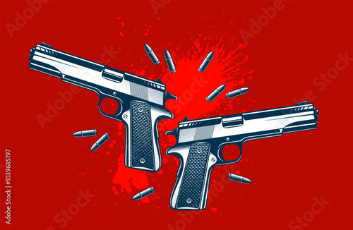 Detailed shotgun and blood splatter vector illustration of a detective criminal story, beautiful gun drawing, movie poster or book cover.