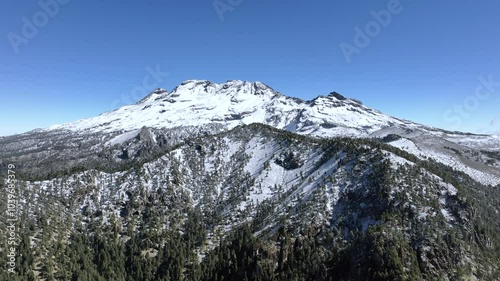 An amazing landscape video of Iztaccihuatl volcano in Mexico, fully covered in white. This aerial footage highlights the magnificent change of the volcano following a significant snowfall photo