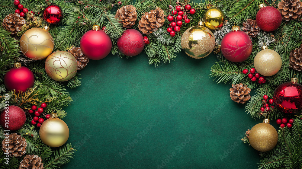 Christmas Ornament Border on Green Background Christmas Ornament Border on Green Background