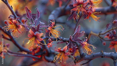 Hamamelis x intermedia Rubin Hybrid witch hazel or hamamelis japonica Floriferous shrub in late winter with bare branches bearing large orange copper flowers ribbon like with purple red calyx in photo