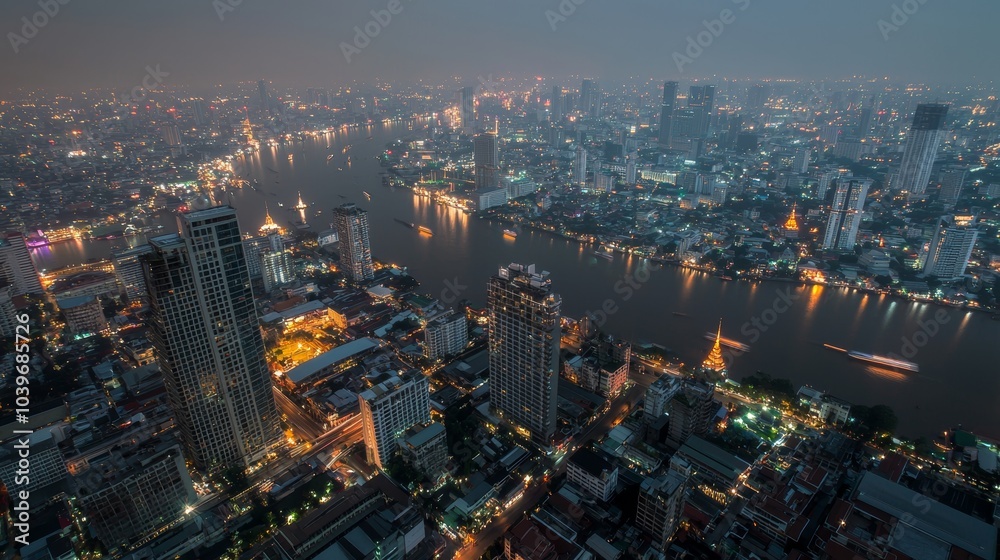 Fototapeta premium The concept of a smart city is illustrated by a cityscape with connected dots