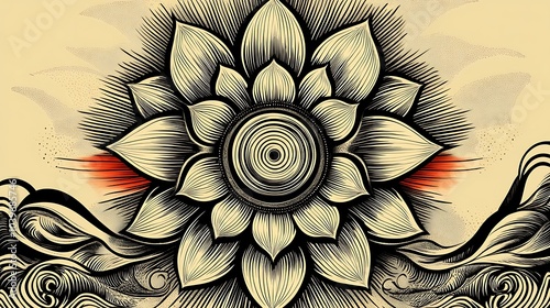 A tribal-inspired mandala featuring bold, symmetrical lines in earthy tones of ochre, red, and black. The design is intricate, radiating a sense of ancient traditions and strong cultural influence. photo