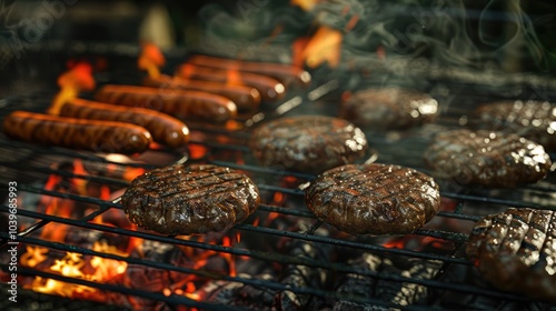 Hot dogs and hamburger patties grilling on a gas grill photo