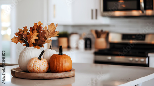 kitchen interior with pumpkins on the table.