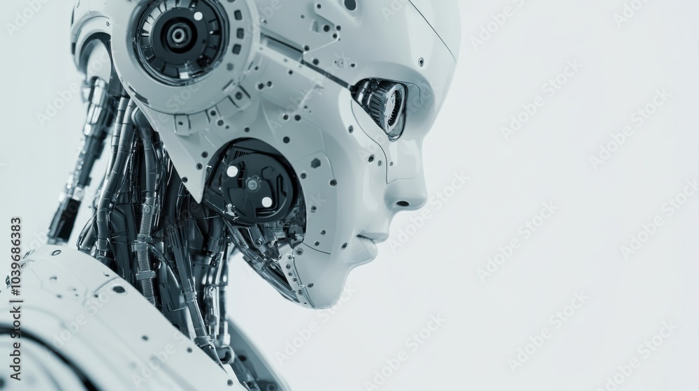 A close-up of a humanoid robot’s neck assembly with intricate servo motors and structural joints, clean background highlighting the assembly’s engineering, High-tech style A close-up of a humanoid robot’s neck assembly with intricate servo motors and structural joints, clean background highlighting the assembly’s engineering, High-tech style
