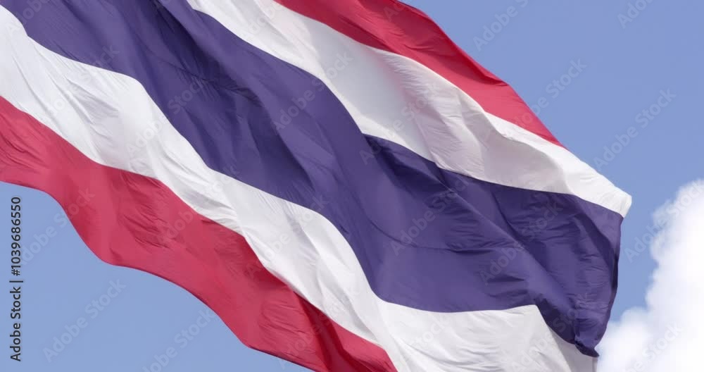 A large Thai national flag gracefully waving against a clear sky ...