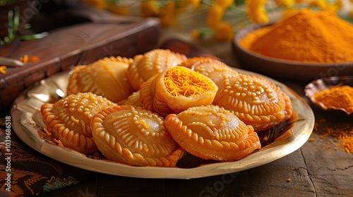 Kesar Gujia Mithai Also Called Kesri Gujiya Pirukiya Pirukia Pedakiya Karanji Basundi Gughra Made Of Suji Ghee Stuffed With Mawa Khoya Kesari Chasni Mava Khoa For Deepawali Teez Holi And Teej photo