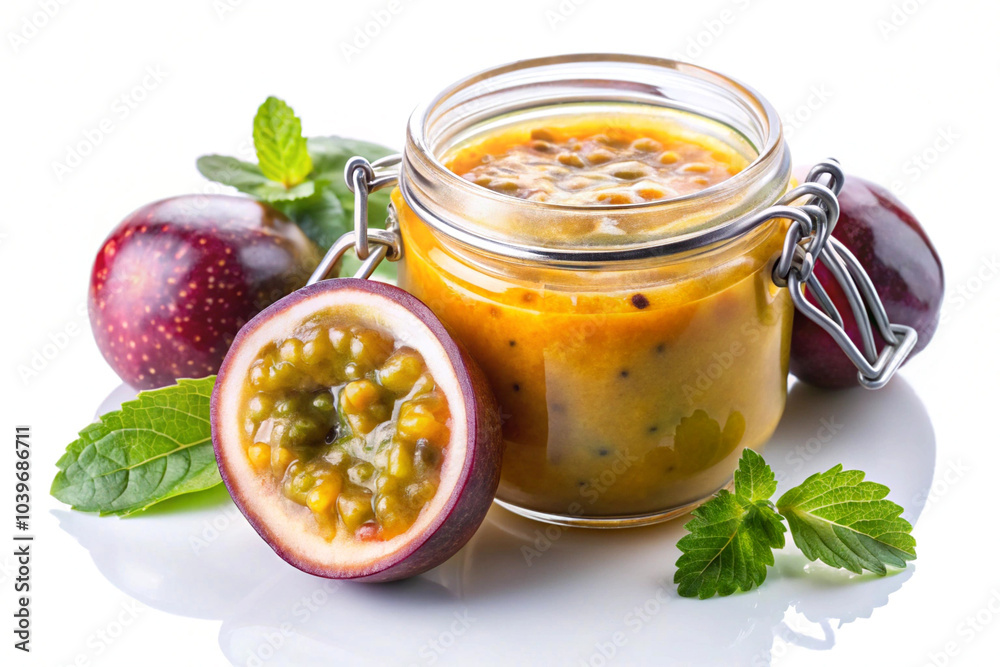 Passion Fruit Jam in Jar,isolated on white background Passion Fruit Jam in Jar,isolated on white background