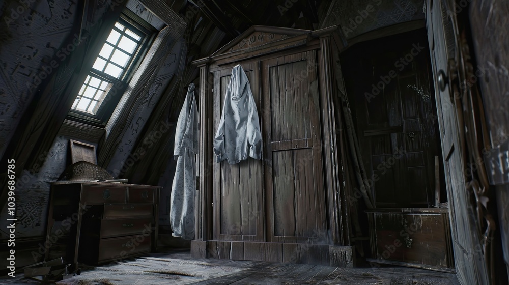 ghost comes out of a wooden closet abandoned in an attic ghost comes out of a wooden closet abandoned in an attic