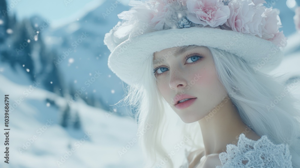 A woman in a white hat adorned with pink flowers wears white hair, against a backdrop of a snow-capped mountain A woman in a white hat adorned with pink flowers wears white hair, against a backdrop of a snow-capped mountain