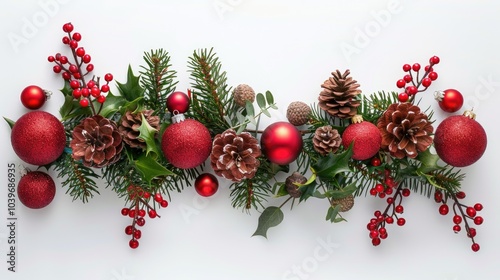 Christmas arrangement with red bauble decorations holly mistletoe ivy acorns and cedar cypress on white background Xmas and New Year decorative display Flat lay top view copy space photo