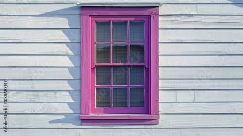 A single vintage storm window with 12 small panes a purple wooden frame and pink trim in a white wooden clapboard building The exterior wall is made of narrow pine horizontal clapboard siding