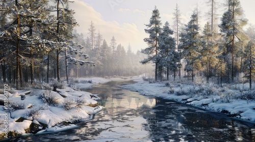 winter landscape river on the forest