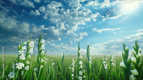 Beautiful view of endless green agricultural field of gladioli Sword lily before flowering Blue bright cloudy sky fresh spring day Countryside photo