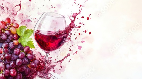 red wine splash with a red grape vine and a wine glass, isolated on white background