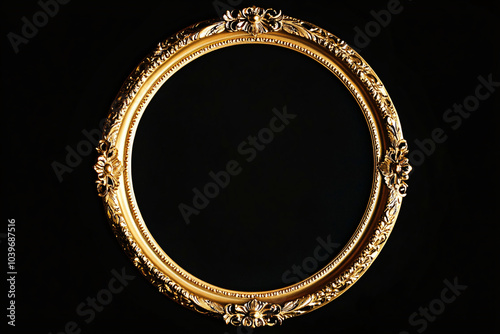 An ornate circular gold frame with intricate detailing against a black background exuding elegance and vintage charm
 photo