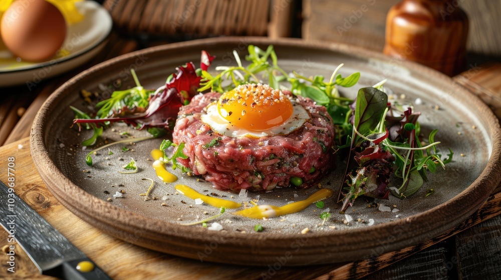 Beef Tartare with Quail Egg and Salad Mix on Rustic Plate Beef Tartare with Quail Egg and Salad Mix on Rustic Plate