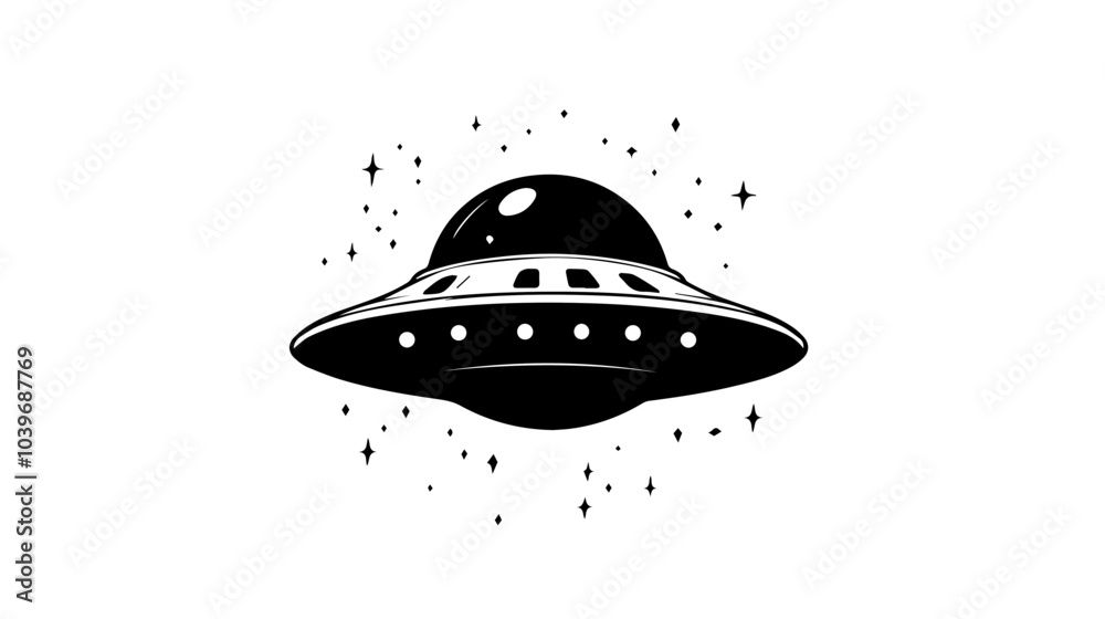 Black and white illustration of a flying space saucer. UFO. Alien flying ship. Black and white illustration of a flying space saucer. UFO. Alien flying ship.