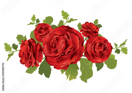 A bouquet of vintage red roses, created with rose petals and bud flowers. Luxurious and magnificent flowers. Vector design horizontal bouquet. Spring wedding flowers.