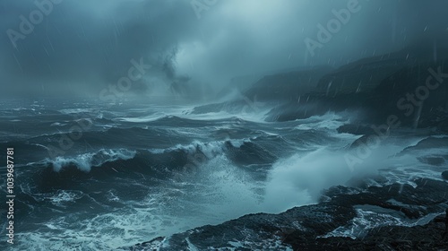 Coastline with rough seas and misty rain during an approaching cyclone hurricane storm