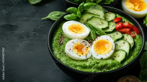 A vibrant bowl of nutritious green smoothie is topped with cucumbers, tomatoes, and soft-boiled eggs, offering a healthy and appealing culinary delight.