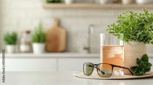 A refreshing glass of rosé and tortoiseshell sunglasses rest on a kitchen counter with lively green plants in the background, showcasing a peaceful kitchen vibe. photo