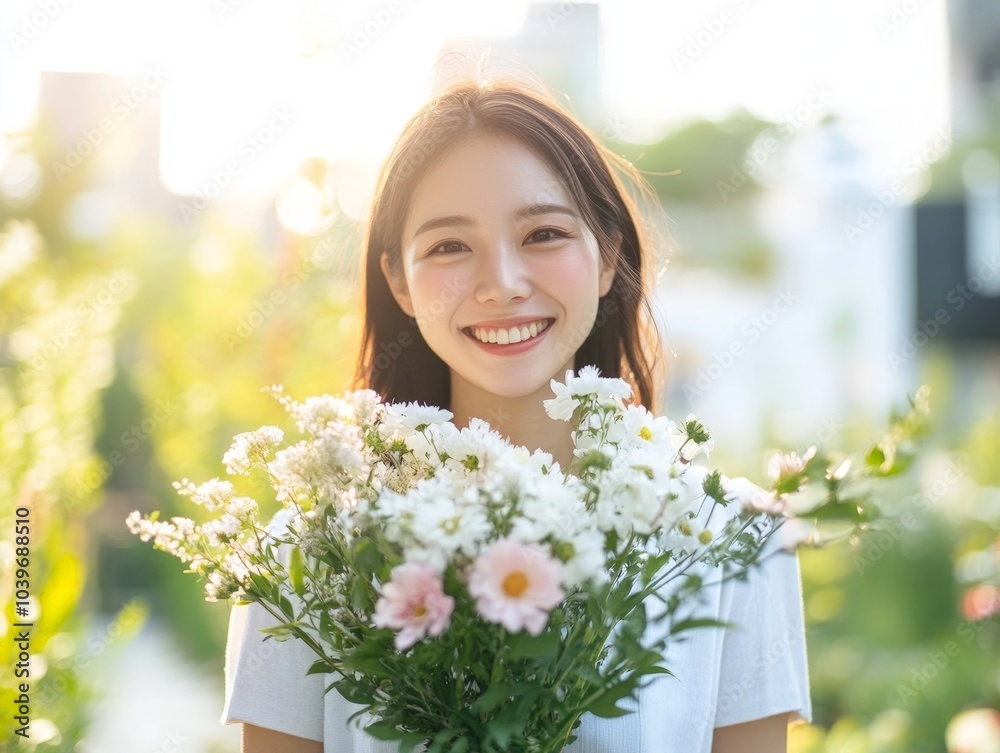 Joyful Japanese Woman Holding Flowers in Nature Joyful Japanese Woman Holding Flowers in Nature
