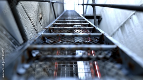 upward view of a fire inspection ladder installed on the wall of a building or on chimneys has a guide rope for tying the rope of the climber s belt protective grille galvanized metal gray tunnel photo