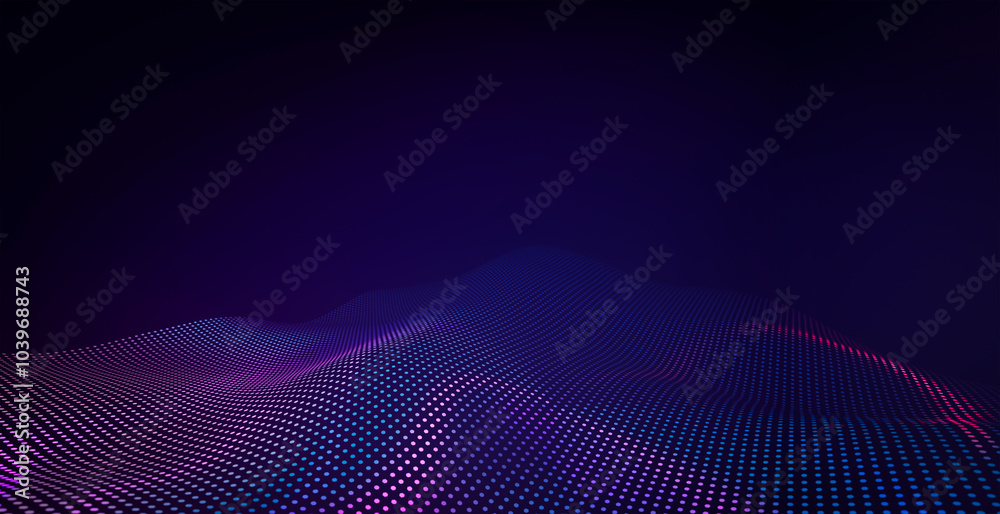 3d rendering of an abstract blue and purple particles wave forming a digital landscape 3d rendering of an abstract blue and purple particles wave forming a digital landscape