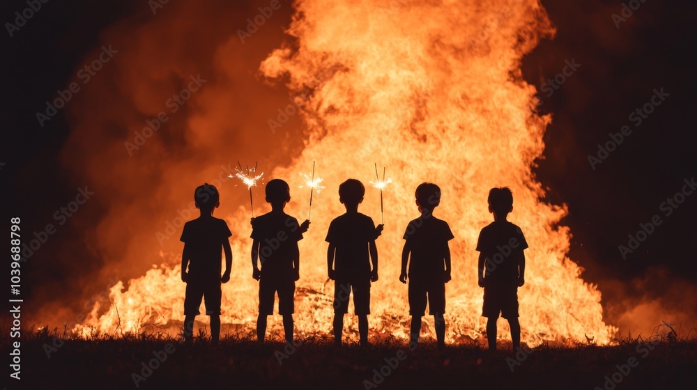 Children Enjoying Sparklers Near a Bonfire Celebration Children Enjoying Sparklers Near a Bonfire Celebration