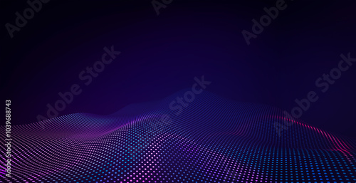 3d rendering of an abstract blue and purple particles wave forming a digital landscape