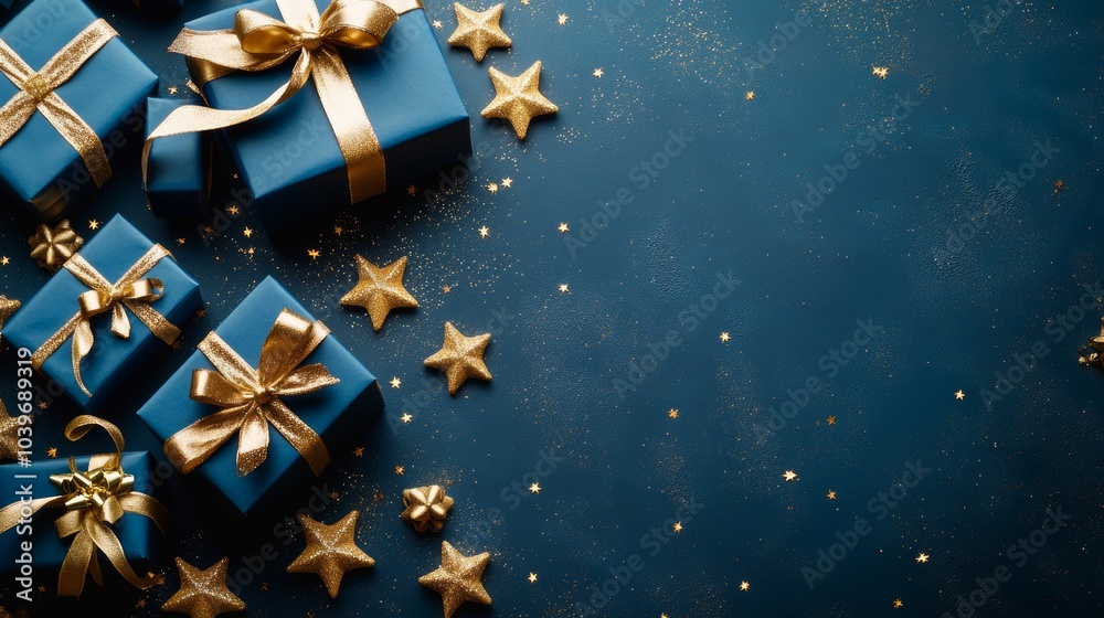 Luxurious Christmas gifts and toys, on an elegant velvet blue background. With space for text. (6)