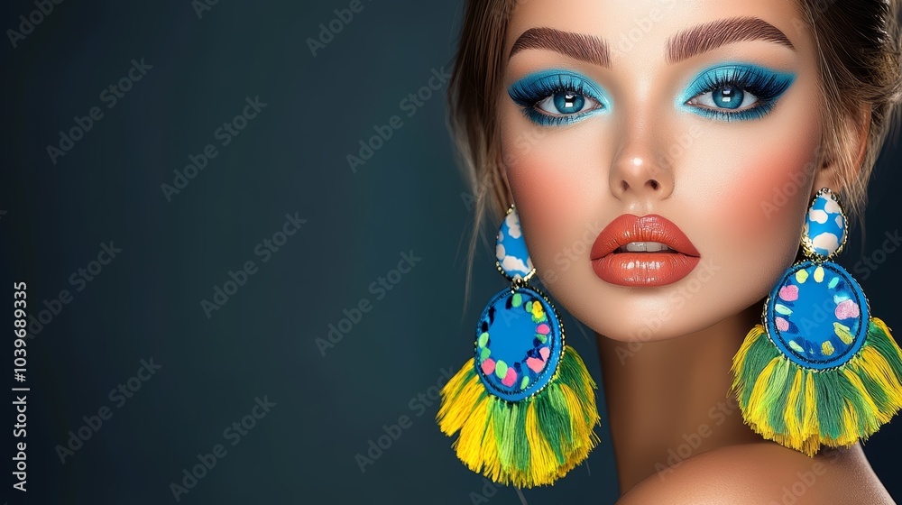 A woman with bright blue eyes is tightly framed in the image, adorned with earrings featuring vibrant yellow and green feathers A woman with bright blue eyes is tightly framed in the image, adorned with earrings featuring vibrant yellow and green feathers