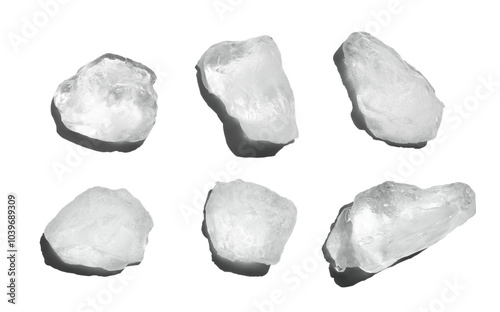 Clear ice rocks arranged on a clean white background, capturing the textures and transparency of the ice. The minimalistic composition highlights the purity and natural shapes