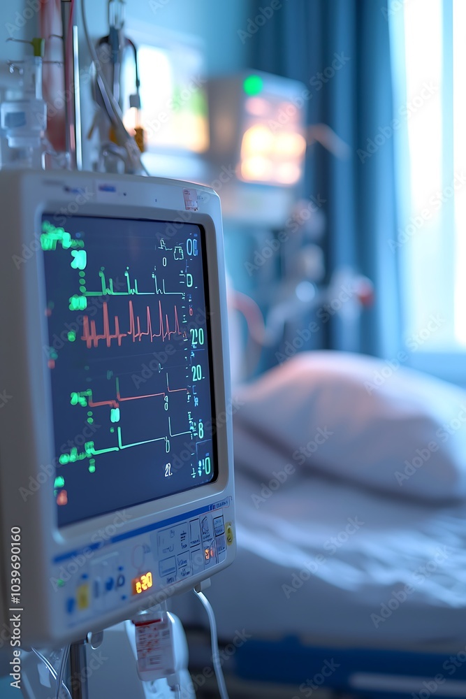 Hospital monitor with vital signs clear, and a patient bed blurred in the backdrop.