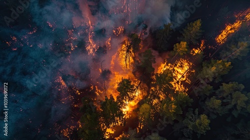 Photo of a burning forest from a drone photo