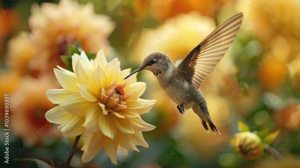 Fototapeta premium Hummingbird over yellow dahlia flower