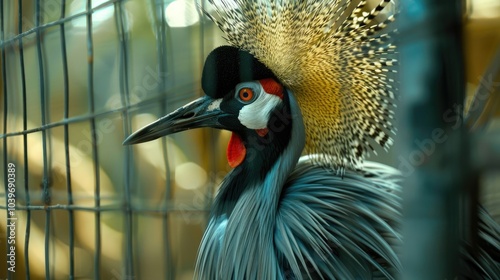 the grey crowned crane also known as the African crowned crane jenjang mahkota beautiful bird in a cage at the zoo photo