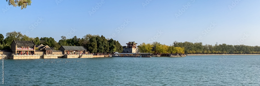 A serene view of Beijing's Summer Palace along Kunming Lake, capturing Chinese architectural elegance and heritage tourism in autumn A serene view of Beijing's Summer Palace along Kunming Lake, capturing Chinese architectural elegance and heritage tourism in autumn