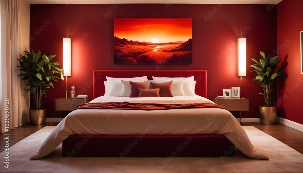 Red modern bedroom with sunset lighting Red modern bedroom with sunset lighting