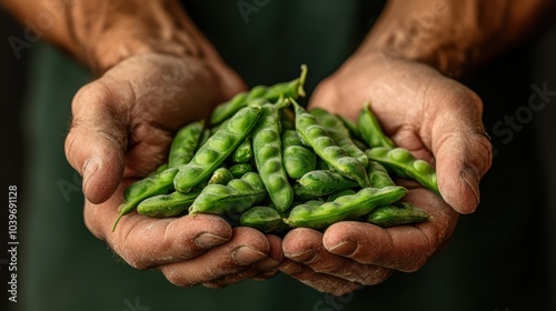 A pair of hands tenderly holding a bundle of vibrant pea pods, evoking the connection between humanity and nature through sustainable agriculture and healthy living.