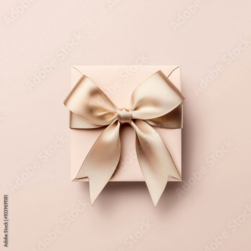 Beige gift box wrapped with elegant satin ribbon on soft background.