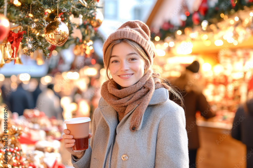 Smiling woman holding a drink at a festive Christmas market Smiling woman holding a drink at a festive Christmas market