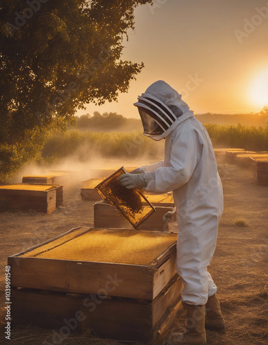 A serene honey production farm unfolds at sunset, with golden hues painting the sky as a backdrop.






 photo