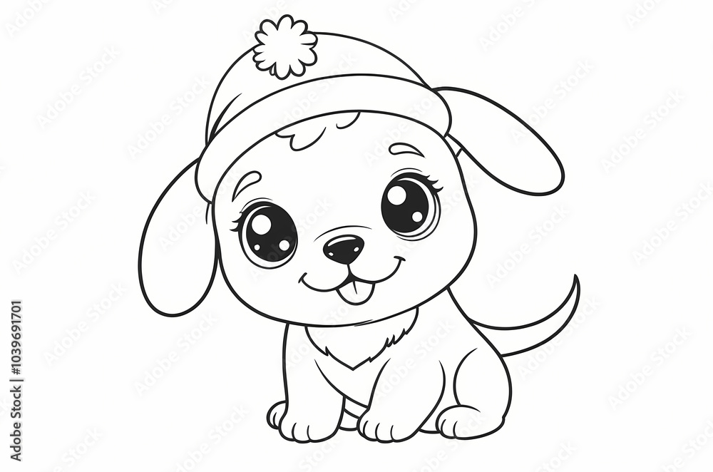 Obraz premium Cute Dog with Christmas Hat Coloring Book Page